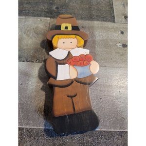 Pilgrim boy basket apple Thanksgiving Wooden fall decor